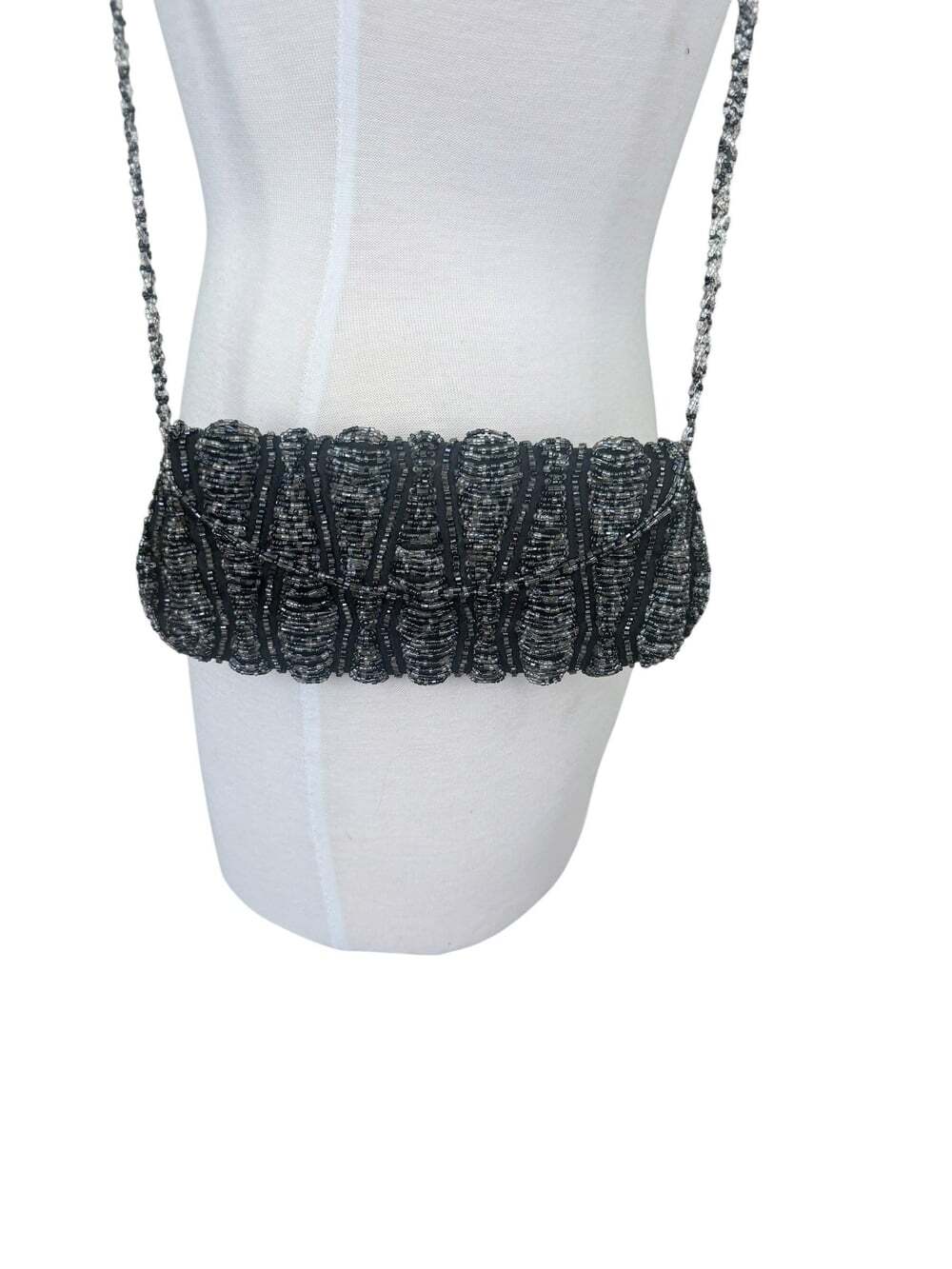 Vintage 90s Valerie Stevens Black Satin Iridescent Beaded Mini Crossbody Clutch